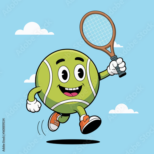 This lively tennis ball character is depicted in motion, joyfully racing with a racket, embodying the spirit of sportsmanship and energy in a vibrant, playful environment.