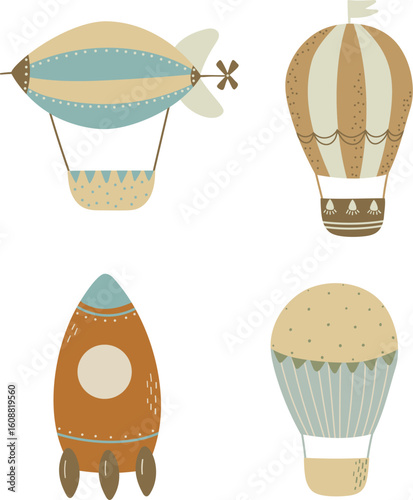 Retro-style balloons, rockets, and a delta plane. Vector illustration for design, print, pattern, isolated on white background
