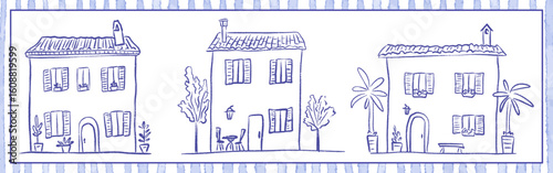 Whimsical Italian collection of houses with summer mood and coast architecture, featuring terraces, shutters and rooftops. Vector illustration in relaxed crayon sketch style for travel prints.
