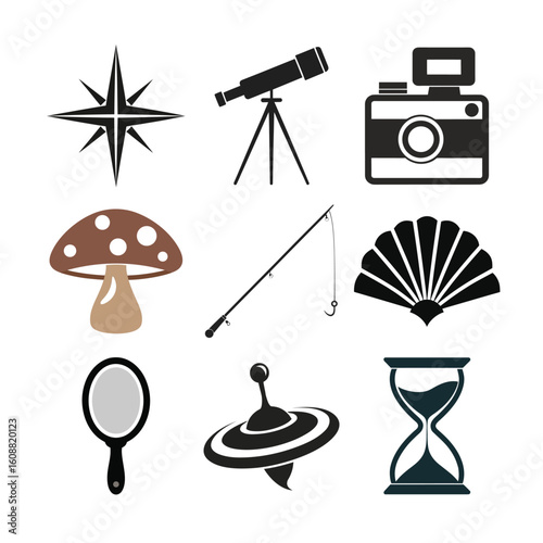 Compass telescope camera mushroom fishing rod fan mirror spinning top hourglass compass rose