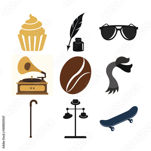 Golden cupcake black feather inkwell aviator sunglasses brown coffee bean vintage gramophone grey scarf cane balancing scales dark blue skateboard