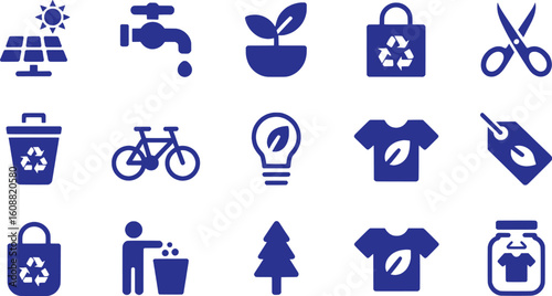 Solar panel water tap plant recycling bag scissors trash can bicycle light bulb shirt tag person throwing trash tree