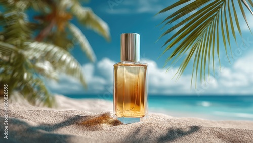 Amber perfume bottle on a tropical beach