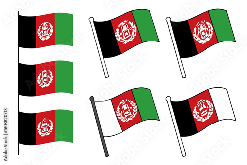 Illustrations of the afghanistan flag waving in the wind, isolated on white background