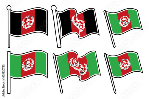 Illustrations of the afghanistan flag waving in the wind, isolated on white background