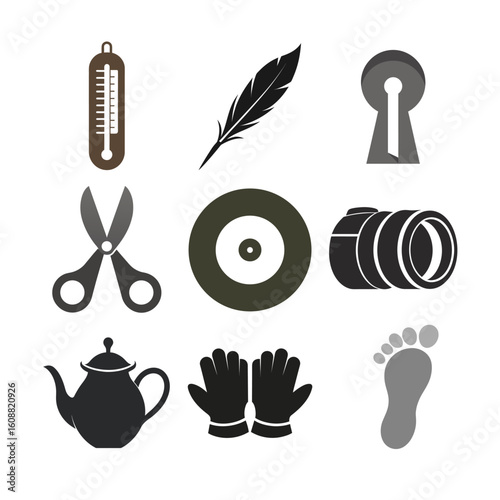 Thermometer feather keyhole scissors cd camera teapot gloves footprint vector