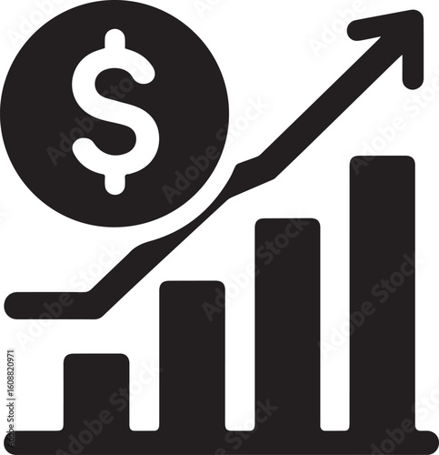 Revenue Icon – Black and White Minimalist Dollar and Bar Graph Vector Illustration