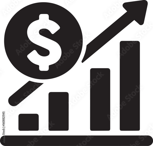 Revenue Icon – Black and White Minimalist Dollar and Bar Graph Vector Illustration