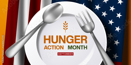 September is Hunger Action Month. Plate, fork, spoon and american flag. Great for posters, banners and social media. Orange background.