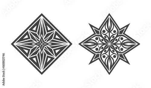 Two ornate geometric starburst designs in silhouette isolated on white background
