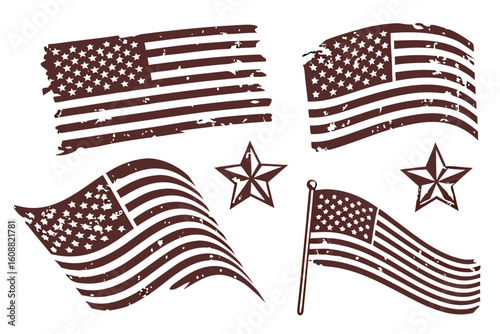 Distressed american flags and stars create a vintage and patriotic graphic design