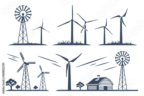 A series of wind turbine illustrations against a white backdrop captures the essence of renewable energy and rural landscapes