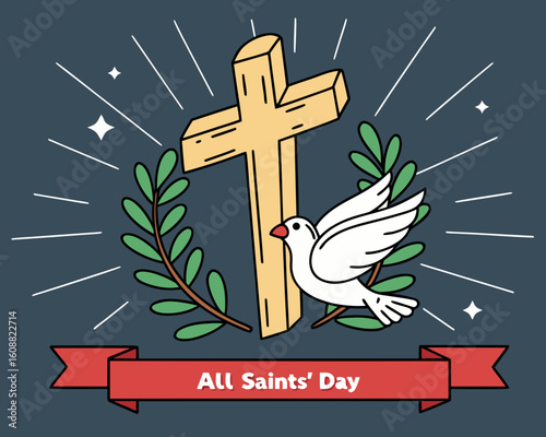 All Saints Day Celebration with Cross Dove Olive Branch and Festive Ribbon Banner cartoon