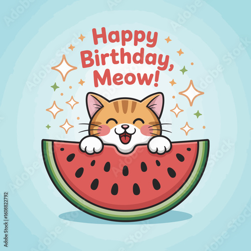 A delightful illustration of a cheerful cat peeking out from behind a watermelon, celebrating a birthday, bringing joy and playfulness perfect for festive occasions and greetings.