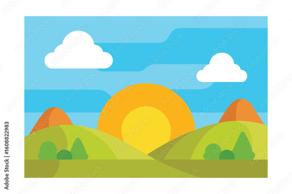 Fototapeta premium Cartoon Hills With Clouds And Sun
