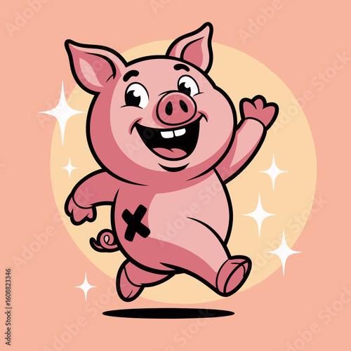 A cheerful piglet is happily running, conveying joy and playfulness, with a pastel background that creates a light and cheerful atmosphere perfect for delightful imagery.