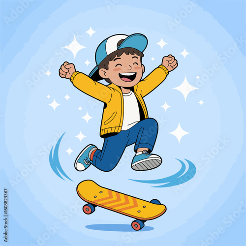 A happy boy effortlessly jumps off his skateboard, radiating joy and freedom in a dynamic, animated scene that captures the essence of childhood playfulness.