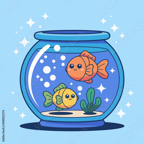 In this vibrant image, two animated fish swim happily in a blue aquarium, showcasing colorful aquatic life enriched with bubbles and green plants for a lively feel.