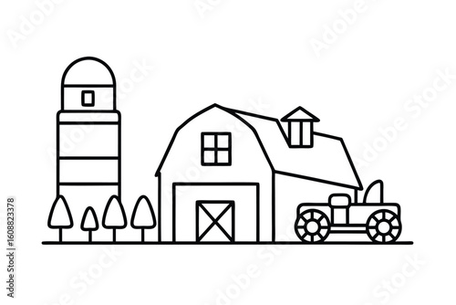 Cartoon Farmyard With A Barn Silo And Tractor In Grass