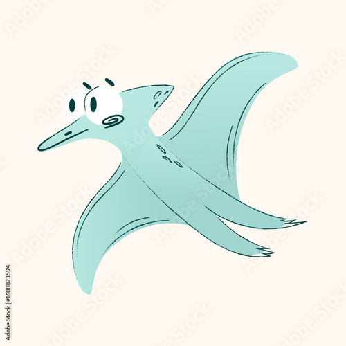 A cartoon pterosaur flying in a light background. The creature has a teal color with a surprised expression and large wings, showcasing a whimsical design. Vector illustration