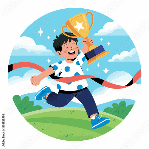 An animated boy exuberantly celebrating his race win by running joyfully with a trophy in hand, perfectly capturing the thrilling essence of achievement and youthful exuberance.