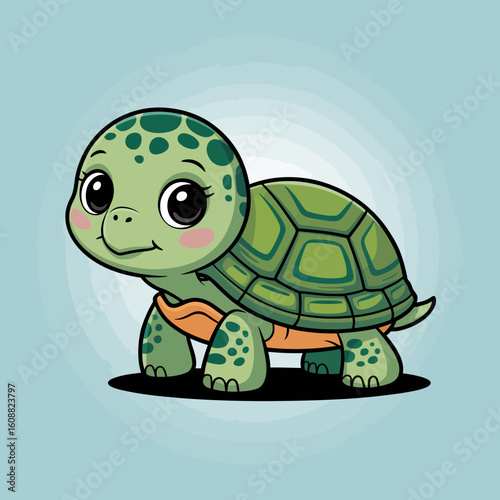 This adorable turtle character displays a playful expression and a cheerful smile, set against a vibrant backdrop that emphasizes its friendly nature.
