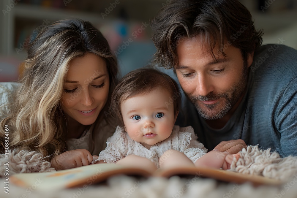 Happy family with parents and their baby lying on the floor, reading a storybook together at home, sharing a special bonding moment. Happy family with parents and their baby lying on the floor, reading a storybook together at home, sharing a special bonding moment.