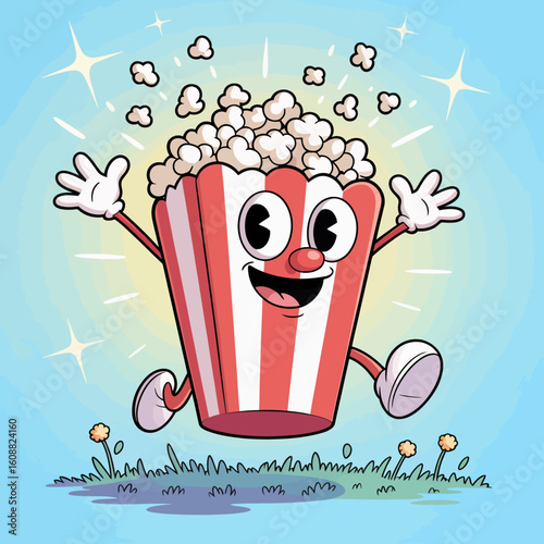 A lively cartoon popcorn character exuberantly jumping with joy and delight, surrounded by a fun environment full of movement and lightness against a blue backdrop.