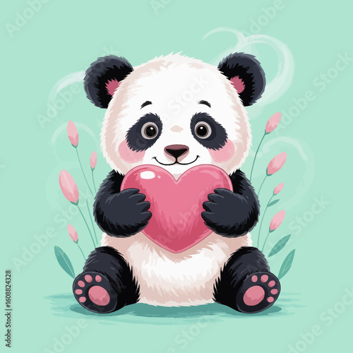 A sweet panda affectionately hugs a heart in a serene natural setting, symbolizing love and care, perfect for conveying heartfelt emotions and connections.