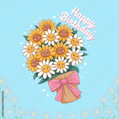 A vibrant bouquet featuring smiling sunflowers and daisies, perfect for celebrating birthdays and spreading joy. The cheerful design adds a delightful touch to any occasion.