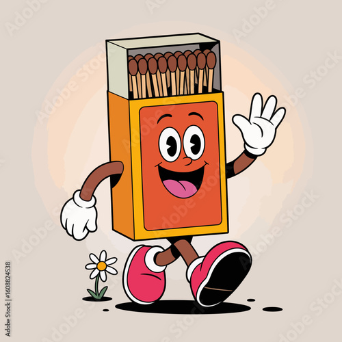 A cute and charming cartoon matchbox character holds a flower and walks with a joyful expression, evoking warmth and happiness in a playful and engaging style.
