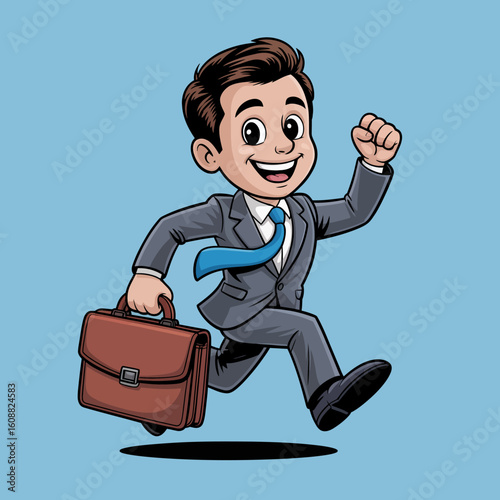 A lively depiction of a determined businessman sprinting with a briefcase, symbolizing ambition, enthusiasm, and a proactive approach to professional life.