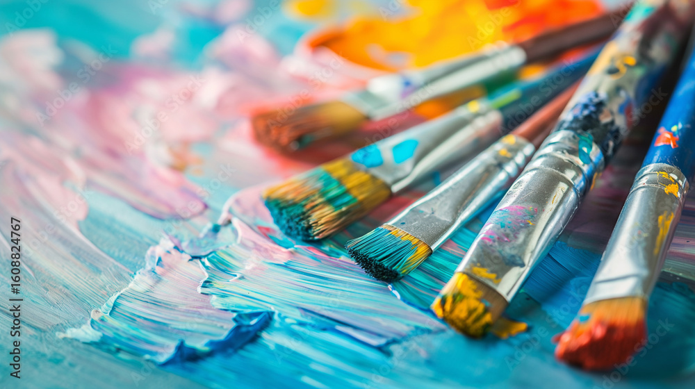 Fototapeta premium Artistic collection of colorful paint brushes on a palette with vibrant paint strokes