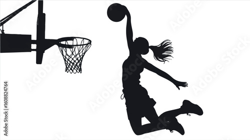 Dynamic black and white silhouette of a female basketball player executing a powerful dunk