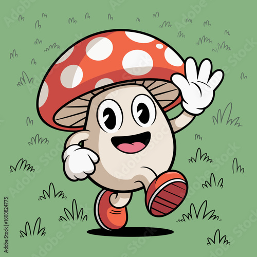 A playful cartoon mushroom character waves excitedly while running through a grassy field, portraying joy and energy in a colorful and whimsical artistic representation.