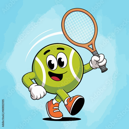 This energetic tennis ball cartoon character is on the move, happily holding a racket and portraying enthusiasm for sports in a colorful, dynamic setting filled with action and joy.