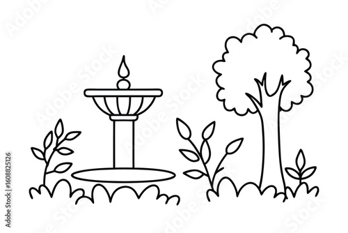 Minimalist Drawing Of A Quiet Garden With A Bird Feeder