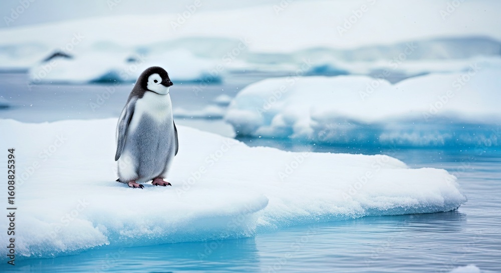 Fototapeta premium Cute Baby Penguin Standing on Drifting Ice in Antarctic