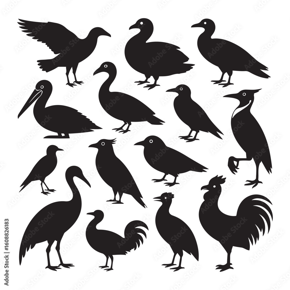 Obraz premium Minimalist Bird Silhouettes Collection – Clean Black Shapes of Diverse Bird Species, Art & Illustration