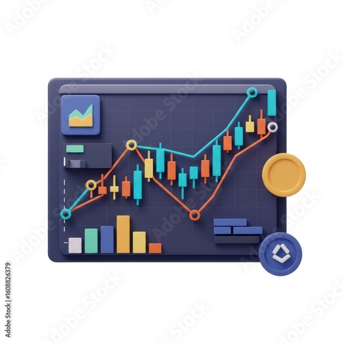 Colorful 3D Financial Chart with Candlestick Graph and Analytics Icons