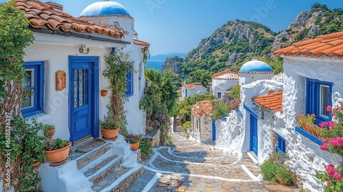 Fototapeta Naklejka Na Ścianę i Meble -  Picturesque village street with whitewashed houses, blue doors, and lush greenery