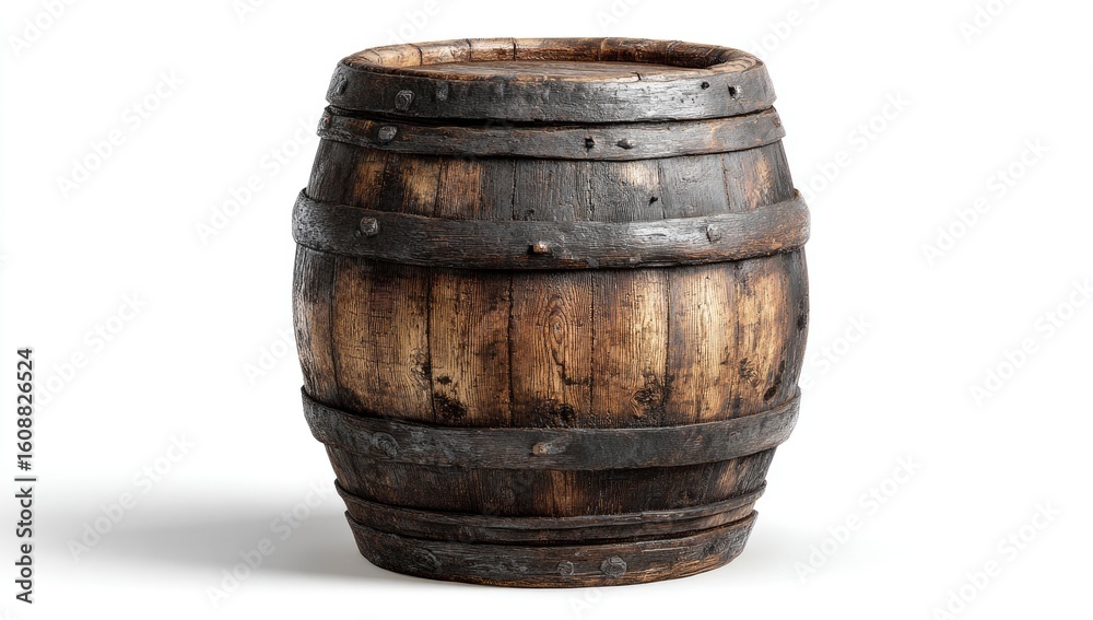 Fototapeta premium Aged wooden barrel, dark brown, weathered, and with metal hoops