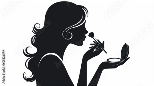 Elegant black and white silhouette of a woman applying makeup with artistic flair