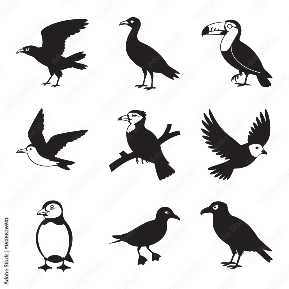 Fototapeta premium Minimalist Bird Silhouettes Collection – Clean Black Shapes of Diverse Bird Species, Art & Illustration
