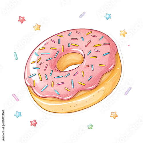Pink frosted donut with sprinkles isolated on transparent background