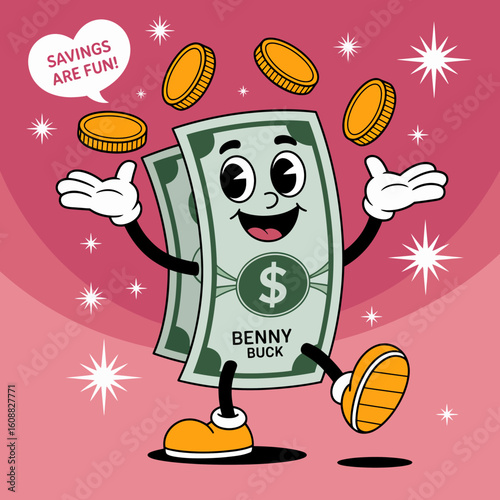 The image features a joyful cartoon dollar bill character named Benny Buck, emphasizing the fun aspect of saving money with a playful demeanor and vibrant colors.