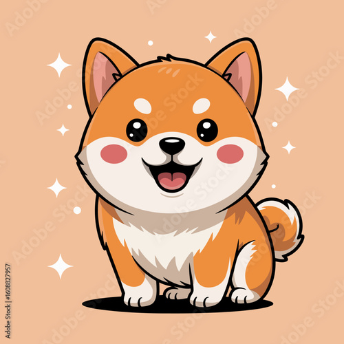 This cute illustration showcases an adorable Shiba Inu dog character sitting happily, radiating warmth and friendliness, surrounded by twinkling stars that enhance the joyful vibe.