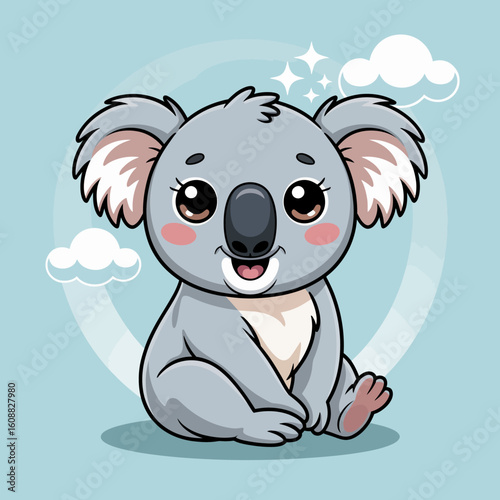 A delightful koala character sitting happily with big sparkling eyes, showcasing its adorable features, in a visually pleasing light blue backdrop, exuding friendliness and joy.