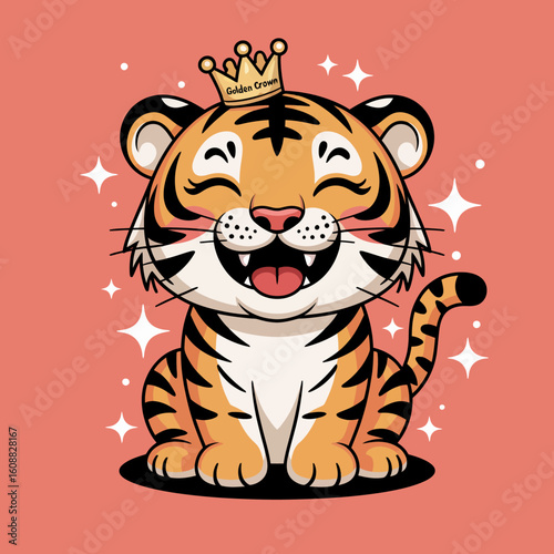 A playful cartoon tiger wearing a golden crown beams joyfully, representing happiness and cuteness in vibrant colors, appealing to both children and adults.