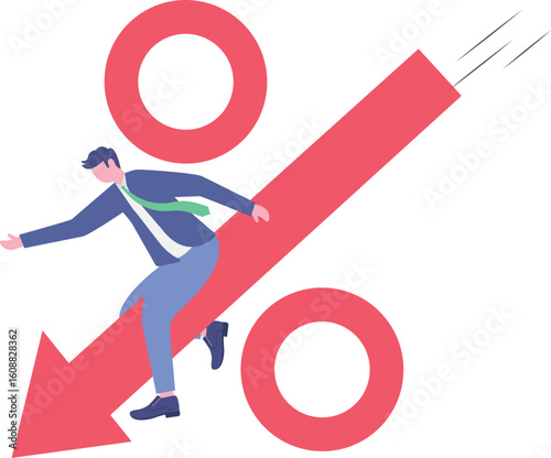 Inflation or interest rate falling down, decrease or reduction,
